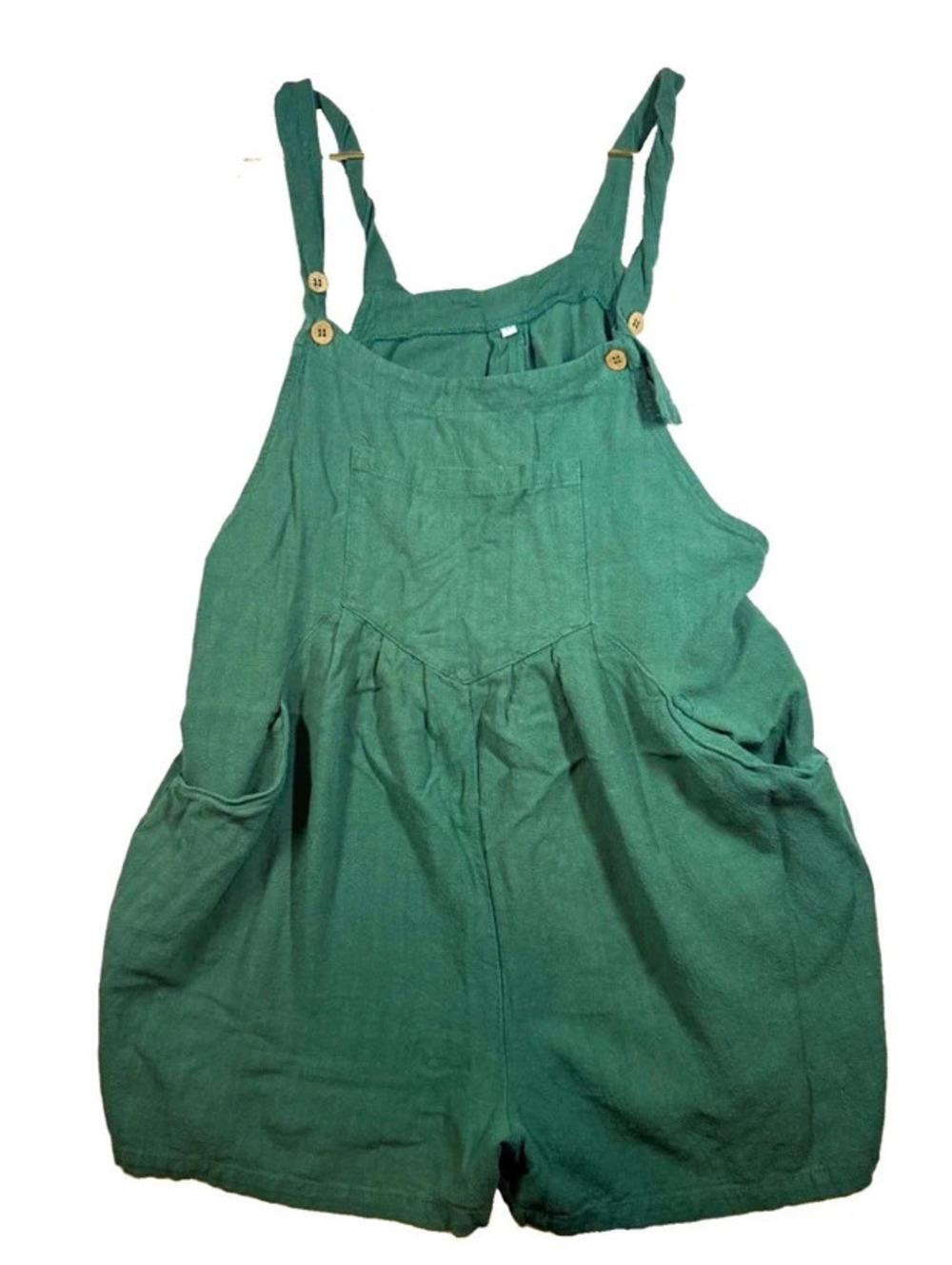 Green Cotton Linen Short Overalls / Dungarees Romper with Pockets large